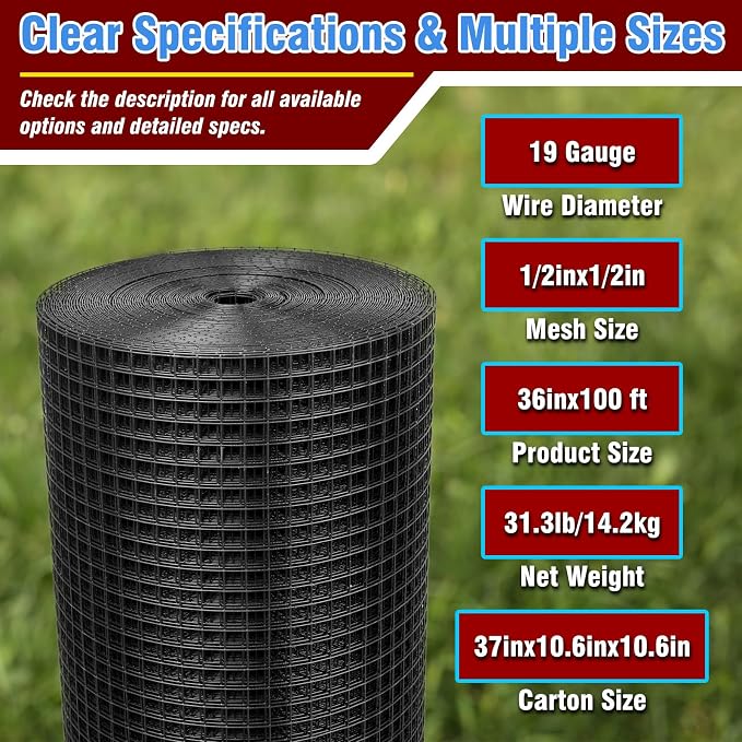 Black Hardware Cloth 1/2inx36inx100ft, 19GA, Chicken Wire Fencing Roll, Black Chicken Wire Mesh, Vinyl PVC Coated Welded Wire Mesh for Chicken Coop Barrier, Rabbit Snake Poultry Fences