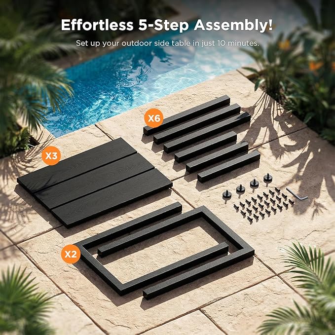 ODK Outdoor Side Table, Adirondack Patio End Table with Weather-Resistant, Waterproof Top for Hot Tub, Garden, Balcony, Poolside, Durable & Easy-to-Clean, Black