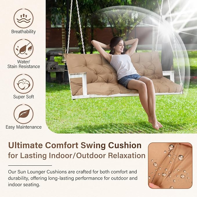 Waterproof Porch Swing Cushions 60 Inch,2 3-Seater Replacement for Outdoor Furniture with Backrest and Straps, Thick 4" Swing Seat Bench Cushion for Loveseat Glider Bench Patio Lawn Backyard