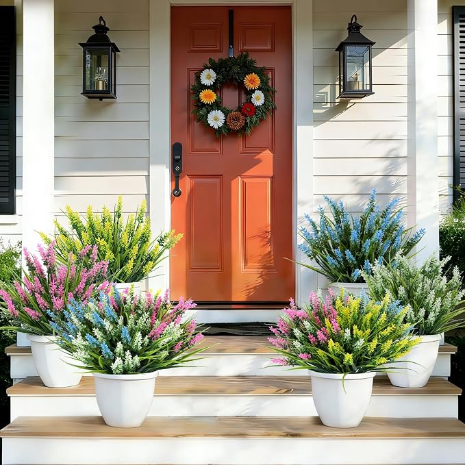 24 Bundles Artificial Lavender Flowers for Outdoor, UV Resistant Faux Plants with 4 Mixed Colors (Light Blue, White, Pink, Yellow), Realistic Fake Outdoor Flowers for Garden Porch Window Box Decor