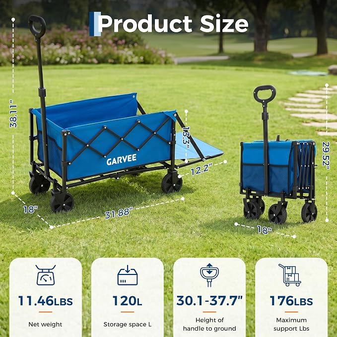 Collapsible Wagon Cart Max 220lb Load & Expandable Storage 120L, Double Bearing Design for Flexible Steering, Foldable Heavy Duty Garden Cart with 2 Cup Holders for Groceries, Garden & Camping