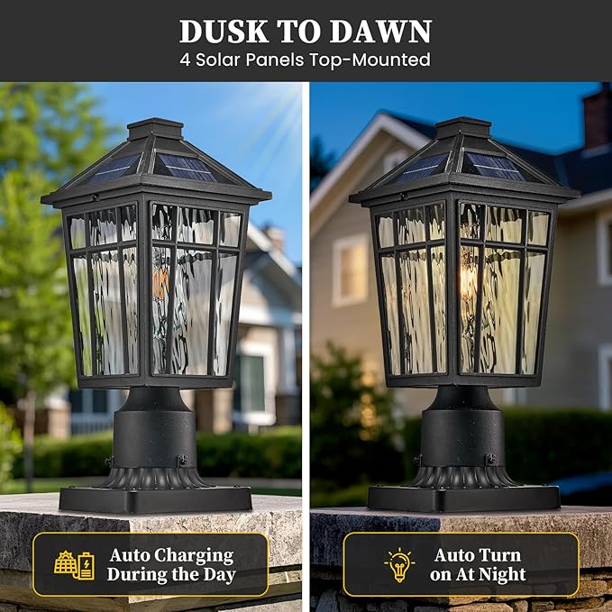 Solar Lamp Post Light Outdoor Waterproof Black Aluminum with Water Ripple Glass 13.6 Inch Height Solar Pole Lights for Garden, Patio, Pathway Include Remote Control and LED Bulb