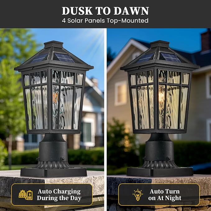 Solar Lamp Post Lights Dusk to Dawn Aluminum Solar Powered Large Post Lights Outdoor Include Remote Control and LED Bulb 16.5 Inch Height Outdoor Post Lights Hard Wired Black Finish