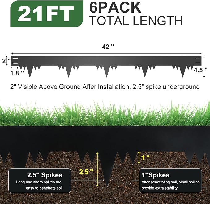 Metal Landscape Edging Border 6 Packs 42'' L x 4.5'' H, Galvanized Steel Garden Edging Border with 6 Stakes, Hammer-in Lawn Edging for Landscaping, Flower Bed, Yard, Pathway, Tree Ring (21ft Total)
