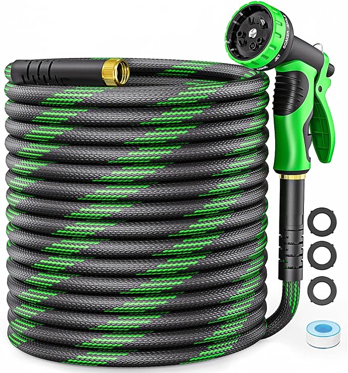 Non-Expandable Garden Hose 100 FT, Heavy-Duty & Flexible Water Hose with 10-Function Nozzle, Kink-Free & Leak-Proof Design, Ultra Lightweight Portable Yard Hose for Lawn, Car, Outdoor Use