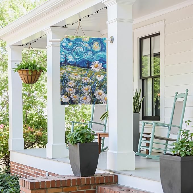 Spring Daisy Large Garden Flag Starry Night Van Gogh Style House Banner Vibrant Floral Meadow Landscape Seasonal Welcome Yard Flags for Summer Patio Lawn Porch Farmhouse Decor 28x40 Inch
