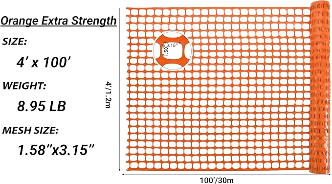 PotatoLife Plastic Mesh Fence, Extra Strength 4'x100' Roll with 50 Zip Ties, Resuable Temporary Netting for Garden Fencing, Snow Fencing, Animal Barrier, Poultry, Deer, Dog, Construction, Orange