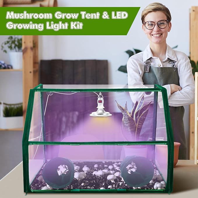 Meonum Mushroom Grow Tent and LED Growing Light Kit, 30 x 20 x 20 Inch Portable Large Still Air Box, Mycology Mushroom Growing Kit, Indoor Propagation Stations with 48 LED Mushroom Grow Lamp (Green)