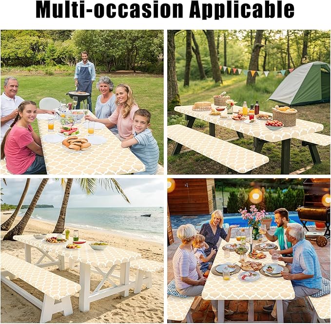 Smiry Picnic Table Cover with Bench Covers, Waterproof Elastic Fitted Tablecloth for 6 Foot Tables, Washable Polyester Tablecloths for Camping, Indoor & Outdoor (Beige, 30x72 Inch 3-pc Set)
