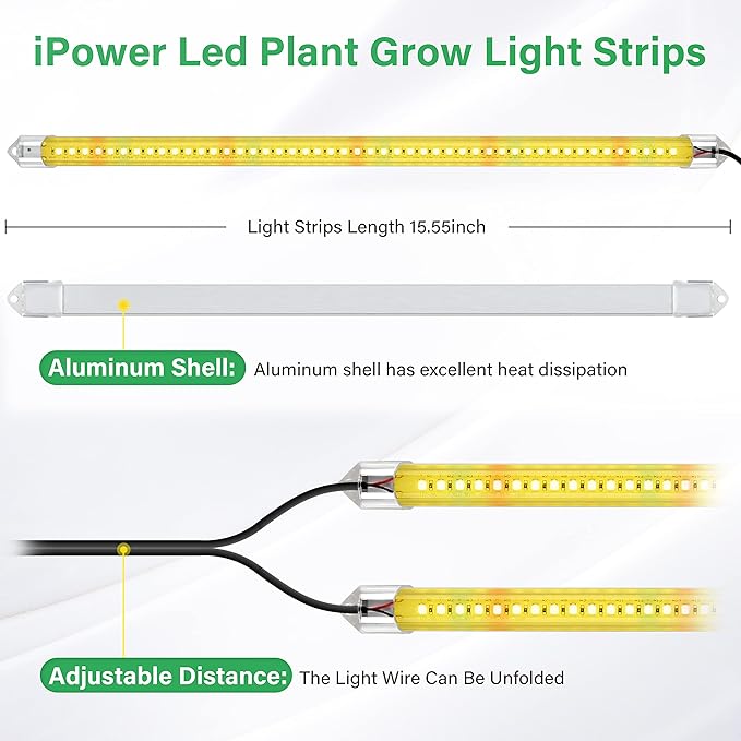 iPower 20W LED Plant Grow Light Strips Full Spectrum for Indoor Plants with Auto ON/Off 3/9/12H Timer, 10 Dimmable Levels 48 LEDs Per Light Strip, 2 Tubes, Yellow