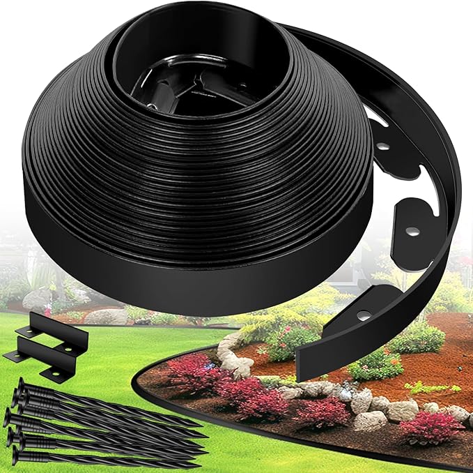 Landscape Edging Border- 1.5”x20’ Garden Edging Border with 20 Stakes, No Dig Lawn Edging for Landscaping for Garden Bed, Yard, Thickened Top Edge Flexible Flower Bed Border Edging for Outdoor