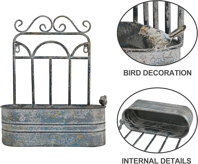Rustic Metal Wall Planter Vintage Wall Mounted Flower Pot Distressed Wall Hanging Plant Basket Farmhouse Wall Decor for Indoor Outdoor Garden Home Yard (Gray)