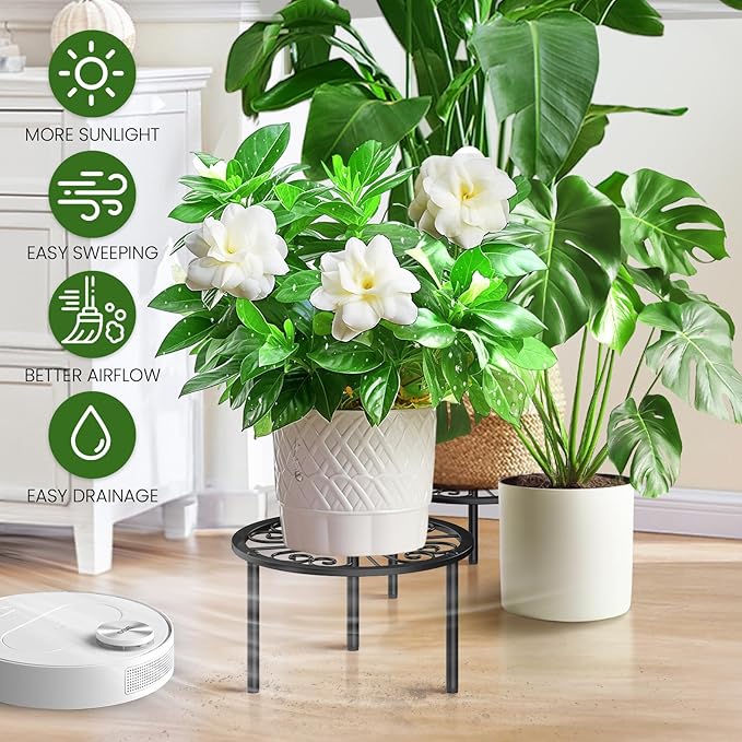 TOSKING Heavy Duty Metal Plant Stand - 9" Round Classic Scroll Pattern, Adjustable Non-Slip Leveling Feet, Rustproof, Decorative Display Shelf for Small to Medium Plants, Indoor/Outdoor, Black (9"Dia x 6.3"H)