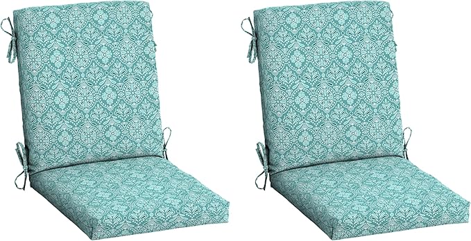 Arden Outdoor Dining Chair Cushion, 2 Pack, 20 x 20, Rain-Proof, Fade Resistant, Turquoise Daphne Medallion