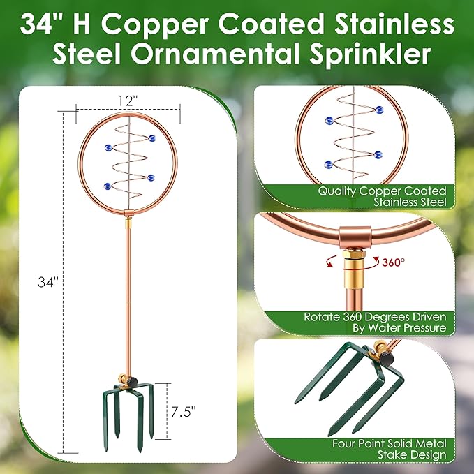 34" H Copper Coated Stainless Steel Ornamental Sprinkler, Corrosion Resistant Garden Rotating Sprinkler 360 Degree Shape Decorative for Lawn Garden Landscape(Wave Circle)