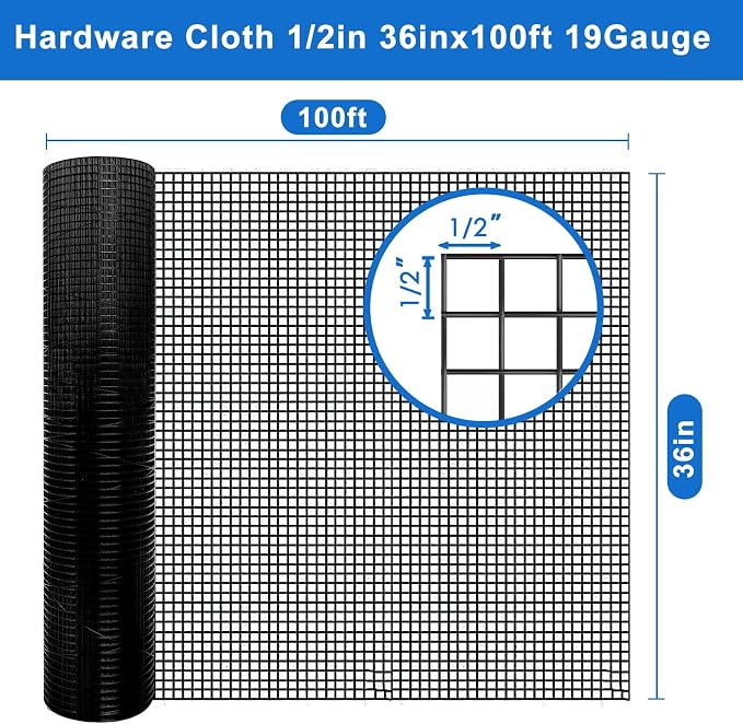 Black Hardware Cloth 36" x 100' - Premium 1/2 inch Mesh 19 Gauge, PVC Coated Wire Roll Perfect for Garden Fencing, Chicken Runs, and Gopher Defense