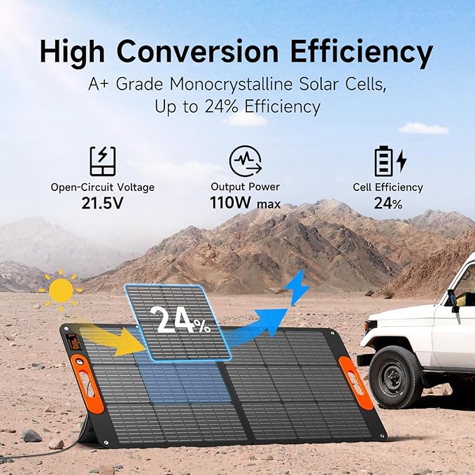 110W Portable Solar Panel for Jackery/EF/Bluetti/Anker/Goal Zero Power Station, IP68 Waterproof, 24% Efficiency, MC4 Output, ETFE Foldable Solar Charger with Adjustable Kickstand for Camping Outdoor