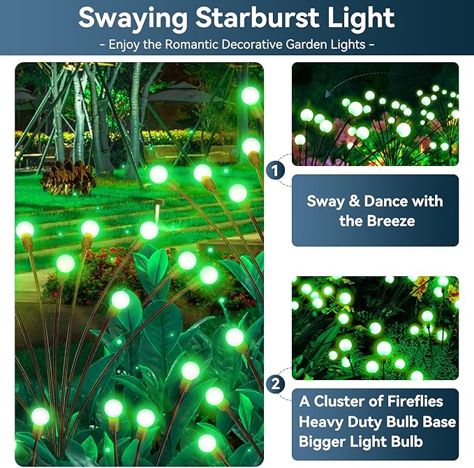 Solar Garden Lights Outdoor Waterproof, 2 Pack 16 LED Swaying Firefly Lights Outdoor Decor Light for Pathway Party Christmas Decoration, Unique Gifts for Women, Green