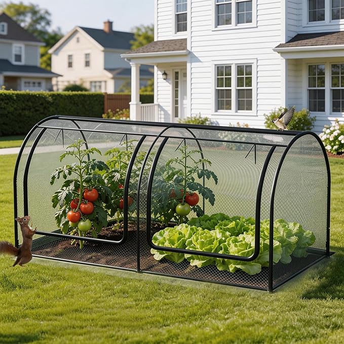 98x49x49in Garden Plant Netting Mesh Cover for Raised Bed, Crop Cage with Roll-up Zipper Door, Plant Protectors from Animals, Large Tunnel Gardening Net for Vegetables Fruits Tomato, Black