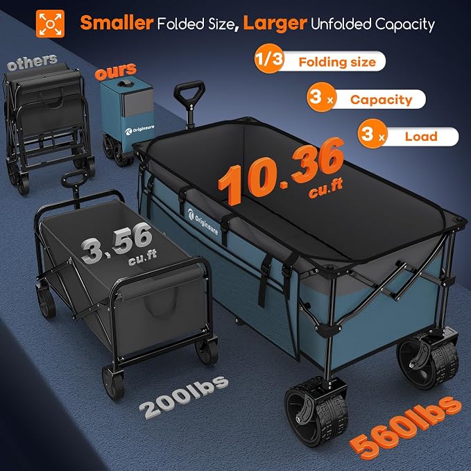 Originsure 48" L Collapsible Wagon Cart Foldable, 560lbs Weight Capacity 300L Heavy Duty Folding Beach Wagons with Big All-Terrain Wheels, Utility Carts for Groceries, Camping, Sports - Grey&Blue
