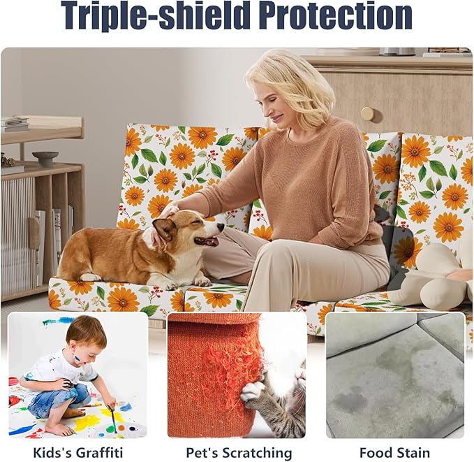 4Pcs Patio Stretch Cushion Covers, Outdoor Couch & Sofa Replacement Slipcovers for Patio Furniture Cushion Covers, Washable Reusable Furniture Protector, Square Large, Sunflower