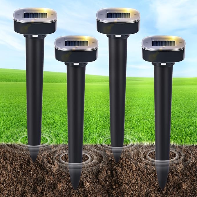 4 Pack Mole Repellent Solar Powered, Snake & Skunk & Vole & Gopher & Armadillo & Rabbit & Groundhog & Chipmunk & Raccoon Repellent for Yard, IP65 Waterproof Ultrasonic Deterrent for Lawns Garden