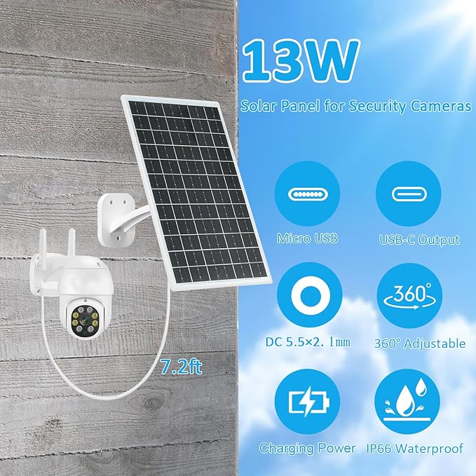 13W Solar Panel for Security Cameras, 5V Output, USB-C/Micro USB/DC (5.5x2.1mm), 360° Adjustable Mount, IP66 Waterproof, 7.2FT Cable, Outdoor Solar Charger
