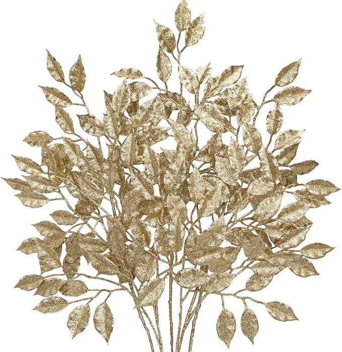 25.6" Christmas Glitter Leaves Stems, 5Pcs Artificial Champagne Leaf Spray Leaf Picks Tall for Christmas Tree DIY Xmas Wreath Garland Arrangment Vase Bouquets Table Centerpieces Decoration Home Decor