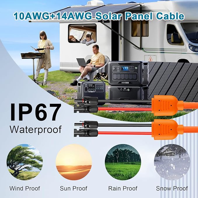 Solar Panel Extension Cable 50FT - MOOKEERF 10AWG+14AWG Solar Wire with Female & Male IP68 Waterproof Connector for RV, Photovoltaic Systems, Home, Boat, Solar Panels, Car