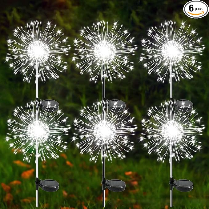 Solar Garden Lights Outdoor, 6 Pack 120 LED Twinkling Firework Lights Decorative with 2 Modes, Outdoor Waterproof Solar Starburst Light for Outside Yard Pathway Garden Decor, White
