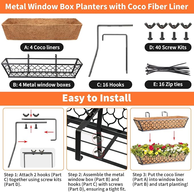 Riare 4 Pack 16 Inch Window Boxes Planters with Coco Liner, Metal Deck Railing Planter Boxes, Balcony Planters Railing Hanging, Horse Trough Window Flower Planter Boxes for Outdoor Porch Fence Patio