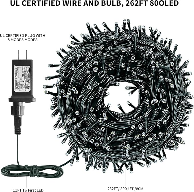 XTF2015 262FT 800 LED Christmas String Lights, Christmas Lights Plug 8 Modes Memory Function with Timer, UL Certified Outdoor Indoor Fairy Light Christma s Tree, Patio, Party (Warm White)