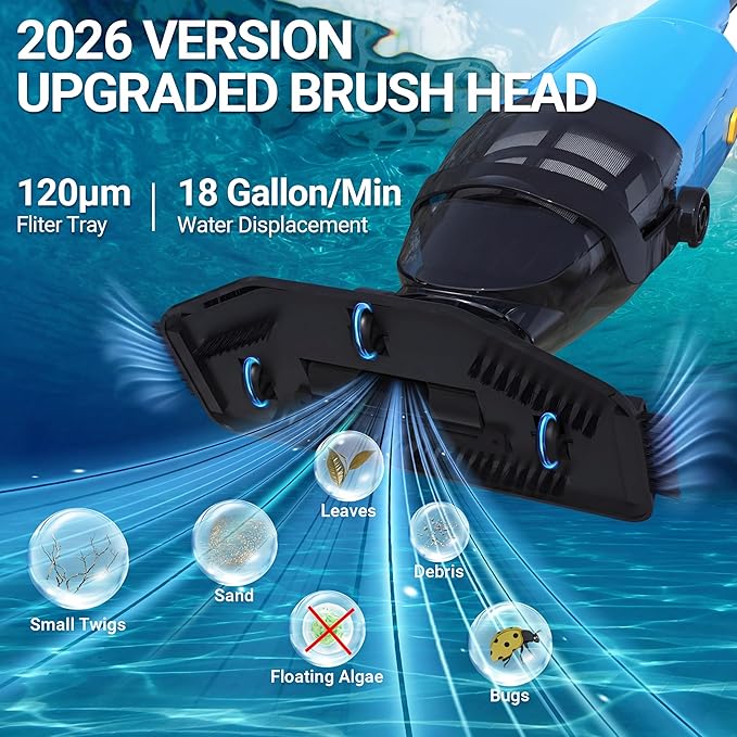 Cordless Handheld Pool Vacuum for Above Ground Pools, 18GPM IPX8 60Mins Above Ground Pool Vacuum W/4-Section Pole for Leaves Sand Debris & Step Corner Wall, Pool Vacuum for Inground Pools Hot Tub Spa