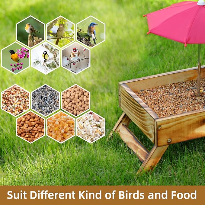 Ground Bird Feeder for Outdoors Bird&Squirrel Feeder Wooden Chicken Picnic Table Platform Feeder Wild Bird Feed Crow Feeder for Outside with 5 LBS Capacity (Brown)