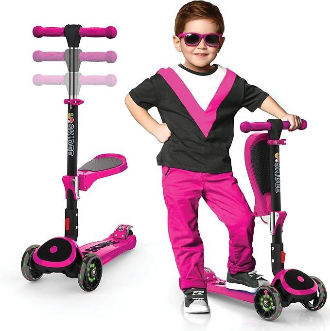 SKIDEE Kick Scooter for Kids Ages 3-5 | Foldable 3 Wheel Scooter with Lean-to-Steer, Adjustable Height, Removable Seat & LED Light Wheels | Toddler Scooter Up to 12 Year Old Boys/Girls