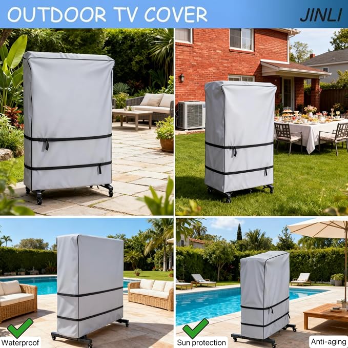 JINLI 60-65 inch outdoor TV trolley cover, courtyard TV cover, Oxford fabric waterproof and dustproof, triple windproof design, compatible with rolling/mobile stand,Grey