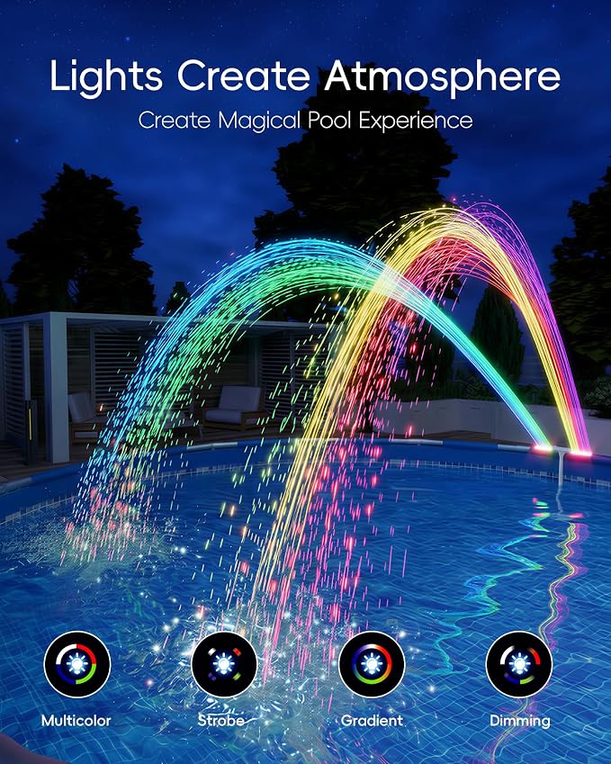 POOLHOUR Pool Fountain with 10 Colors Rainbow Lights for Above Ground/Inground Pools, Dual-Head Adjustable Pool Waterfall & Pool Sprinkler with Timer, 5000mAh Battery, Remote-Controlled, Grey
