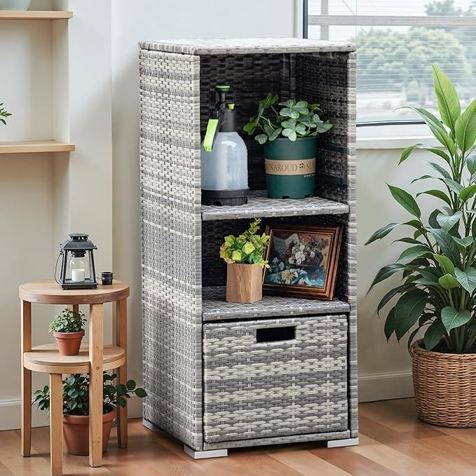 Devoko Outdoor Pool Towel Rack Patio Waterproof Rattan Wicker Storage Cabinet Shed with Shelves & Drawer (Grey)