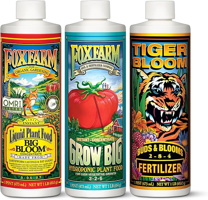 FoxFarm Hydro Liquid Trio Pack - Big Bloom, Grow Big Hydroponic, Tiger Bloom Fertilizers for Plant Growth, Bud Development & Abundant Fruit - Complete Hydroponic Plant Food Set - 3 Pint Bottles