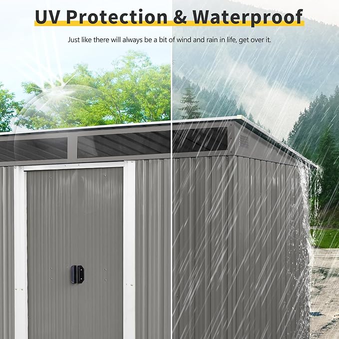 YOPTO 8FT x 6FT Outdoor Metal Storage with Lockable Sliding Doors and Transparent Plate,Waterproof Cabinet w/Ventilation & Foundation,Garden Organizer Tool House for Backyard Patio,Gray