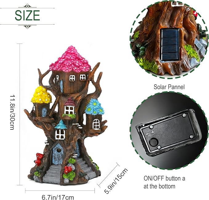 Solar Fairy House 11.8” Tall Fairy Garden House for Outside, Large Fairy Garden Treehouse Accessories Outdoor, Gnome House Garden Statue Fairy Tree House, for Home, Yard, Balcony Decor