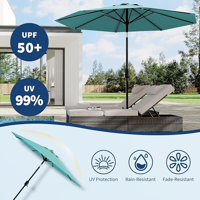 Garvee 9 ft Outdoor Patio Umbrella 8 Sturdy Ribs Outdoor Table Umbrella with Crank Lift & Push Button Tilt - UV Protection Waterproof Market Umbrellas for Pool, Deck, Yard, Garden, Lake Blue