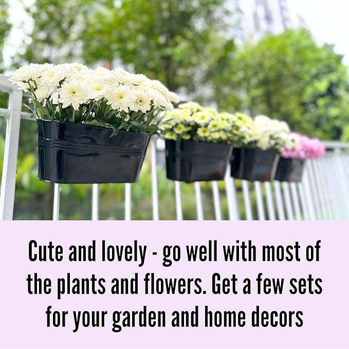 LaLaGreen Window Boxes Planters (5 Pack, 9.8 Inch) Small and Cute Black Metal Iron Hanging Flower Pots, Deck Railings Outdoor Fence Buckets Boho Style Wall Mount Plant Holder Hooks Porch Garden Decor