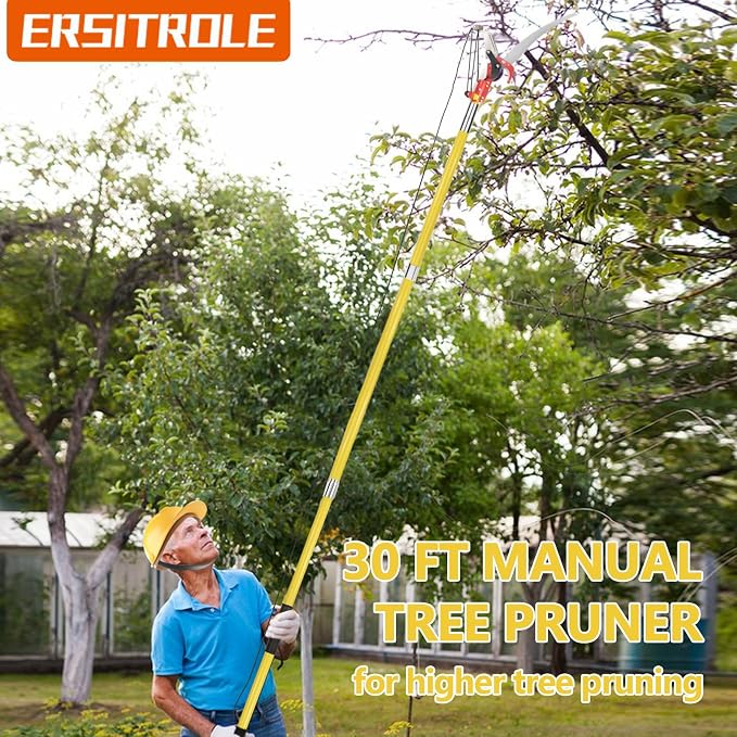 Manual Pole Saw, 30 ft Extendable Tree Pruner, Sharp Steel Blade and Scissors High Branches Trimming, Pole Saws for Tree Trimming, Tree Trimmers Long Handle Pruner