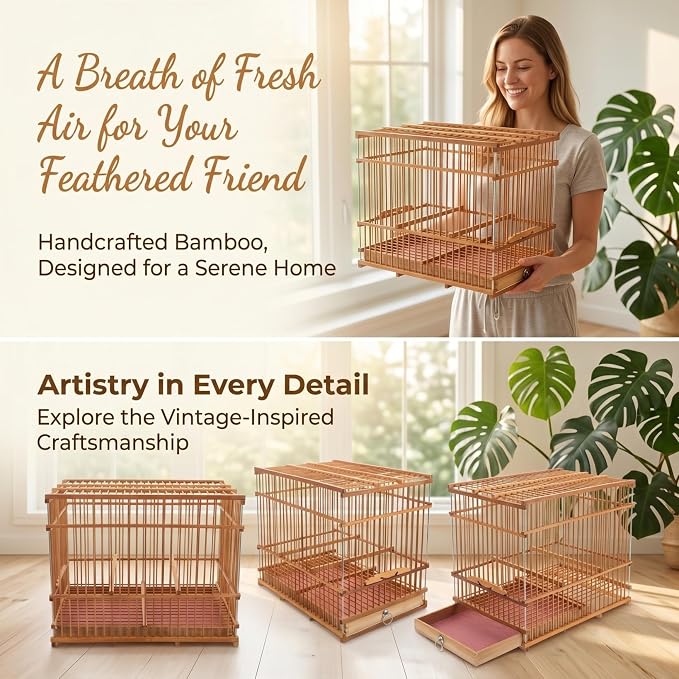 Totority Bamboo Woven Small Bird Cage - Portable Lightweight Travel Carrier for Finch, Canary & Parakeet - Handmade Vintage-Style Pet House for Outdoor & Indoor Use - Light Brown,11. 6" X 9. 4" X 7.