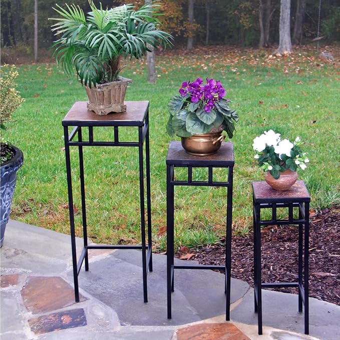 Zhongma Set of 3 Metal Plant Stand with Slate Top Fully Assembled Square Flower Shelf without Installation Required