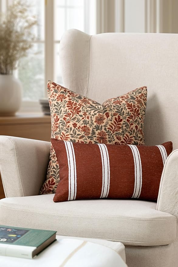 Crumbs Home Modern Farmhouse California Casual Indoor Outdoor Throw Pillow Cover, 20"x20" Water Repellent for Patio, Backyard, Couch, Poolside, Rust Orange Print Sketch Botanical Flowers and Leaves