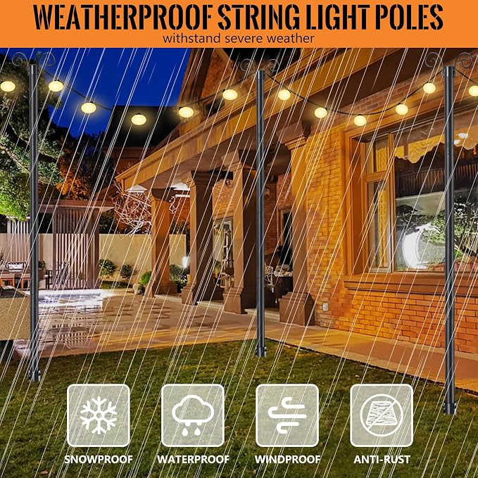 String Light Poles for Outside 9.3 FT - 2 Pack Outdoor Patio Decor Poles for String Lights Hanging, Heavy Duty Auger Ground Anchor, 1.5 inch Diameter Adjustable Metal Post