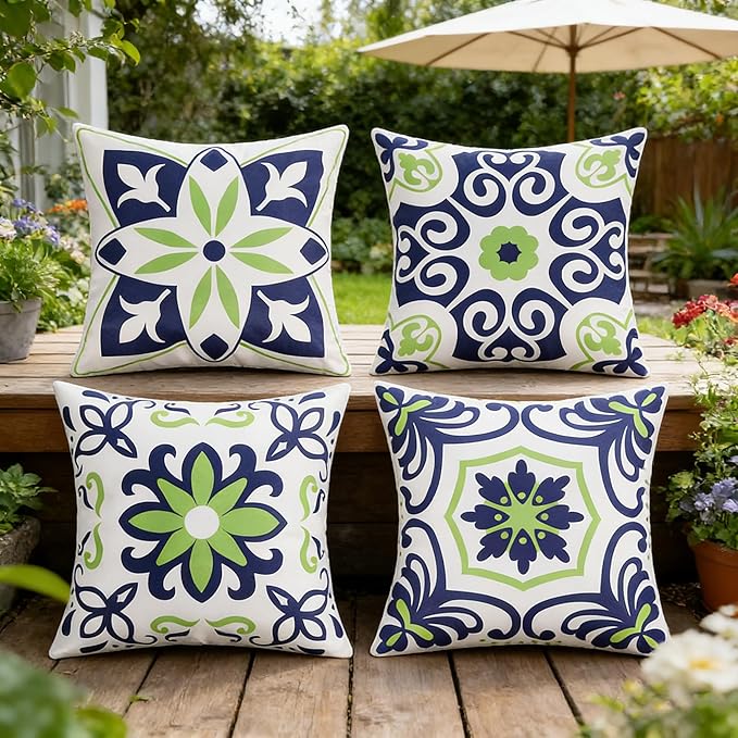 Pyonic Outdoor Pillow Covers 16x16 Set of 4,Spring Summer Foral Garden Waterproof Throw Pillow Covers Cushion Covers for Patio Couch Tent,Navy Blue