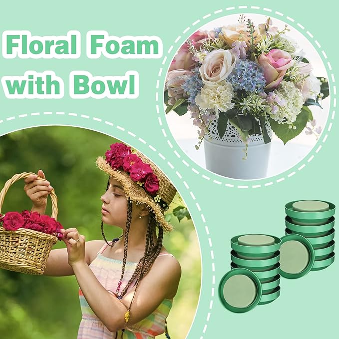 12 Sets Large Flower Foam with Bowl Kit 6.5 Inch Round Floral Foam Blocks Bulk DIY Green Flower Arrangement Supplies Floral Arranging Kit for Wedding Birthday Party Table Centerpiece Decorations